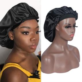 img 4 attached to 🎀 Soft Satin Reversible Sleep Cap for Women - Adjustable Night Cap for Sleeping Hair - Salon-Grade Bonnet Cap (Black, 2 Pieces)