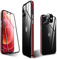 📱 kumwum full body magnetic case for iphone 12 mini: front & back tempered glass, aluminum bumper, double-sided clear cover, camera lens protector (black + red) logo