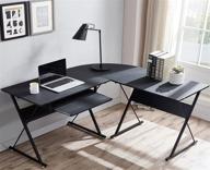 l-shaped gaming desk with reversible keyboard tray, corner computer desk for home office - black wood & steel frame writing study workstation table for small spaces логотип