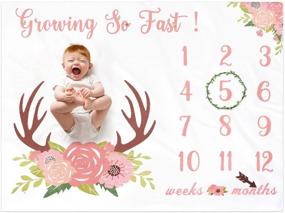img 4 attached to Floral Deer Antler Baby Monthly Milestone Fleece Blanket for Girls – Watch Me Grow Photography Background with Weeks and Months Props for Newborn Infants – Ideal Shower Gift