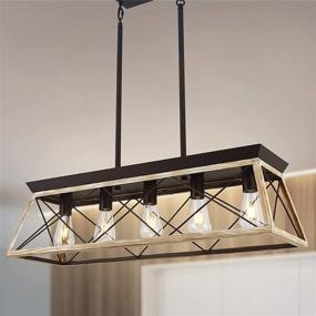 img 4 attached to 31.5 inch Rustic Farmhouse Chandelier - 5-Light Kitchen Island Pendant Lighting, Linear Ceiling Fixtures with White & Wood Painting - Perfect for Dining Room and More