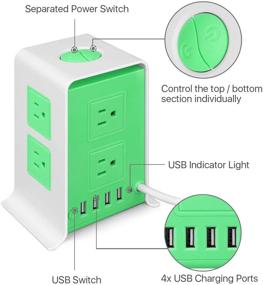 img 3 attached to 🔌 Green Power Strip Tower Surge Protector with 4 USB Ports, 8 AC Outlets, and 6ft Extension Cord - Charging Station Power Supply Multi Socket Plug for PC Laptop, Smartphone, and Appliance