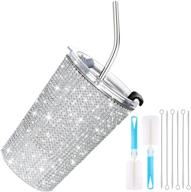 💎 bling diamond straw cup - 16.9 oz glitter tumbler stainless steel water bottle insulated crystal vacuum cup with 2 pieces blue cup brushes and 6 pieces straw brushes - ideal for women, female, girls - rhinestone silver логотип