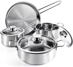 img 4 attached to 🍳 7-Piece Silver Stainless Steel Induction Cookware Set with Lid - Dishwasher Safe Kitchenware Cooking Set