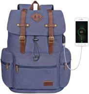 🎒 modoker vintage canvas backpack for women men - fashionable college school bookbag with usb charging port & vegan leather, fits 16 inch notebook - blue logo