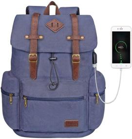 img 4 attached to 🎒 Modoker Vintage Canvas Backpack for Women Men - Fashionable College School Bookbag with USB Charging Port & Vegan Leather, Fits 16 Inch Notebook - Blue