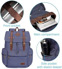 img 2 attached to 🎒 Modoker Vintage Canvas Backpack for Women Men - Fashionable College School Bookbag with USB Charging Port & Vegan Leather, Fits 16 Inch Notebook - Blue