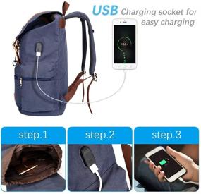 img 3 attached to 🎒 Modoker Vintage Canvas Backpack for Women Men - Fashionable College School Bookbag with USB Charging Port & Vegan Leather, Fits 16 Inch Notebook - Blue