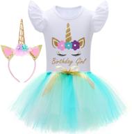 girl's unicorn birthday outfit: tutu dress, birthday girl shirt, and headband logo