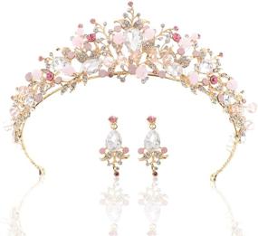 img 4 attached to 👑 Gold Wedding Crown Bridal Tiaras with Earrings - Pink and Purple Headband for Women and Girls
