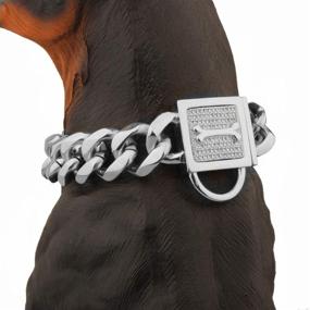 img 1 attached to 🐶 Aiyidi Heavy Pet Dog Collar, Stainless Steel Metal Slip Choker Collar with Rhinestone Lock, 19MM Silver Cuban Link Chain, 12-26 inch, Waterproof & Chew-Proof, for Medium & Large Dogs