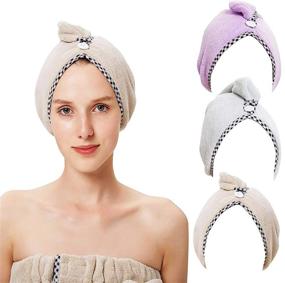 img 4 attached to Microfiber Hair Towel Wrap - 3 Pack 10 inch X 26 inch, Super Absorbent Quick Dry Hair Turban with Button - Hair Drying Towel Turban for Women