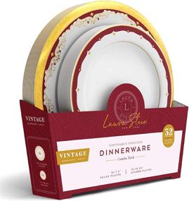 img 2 attached to 🍽️ Laura Stein Designer Dinnerware Set: 32 Disposable Plastic Party Plates, White Wedding Plate with Burgundy Rim & Gold Accents - Vintage Collection