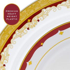 img 1 attached to 🍽️ Laura Stein Designer Dinnerware Set: 32 Disposable Plastic Party Plates, White Wedding Plate with Burgundy Rim & Gold Accents - Vintage Collection