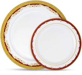 img 4 attached to 🍽️ Laura Stein Designer Dinnerware Set: 32 Disposable Plastic Party Plates, White Wedding Plate with Burgundy Rim & Gold Accents - Vintage Collection