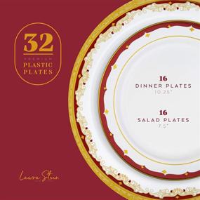 img 3 attached to 🍽️ Laura Stein Designer Dinnerware Set: 32 Disposable Plastic Party Plates, White Wedding Plate with Burgundy Rim & Gold Accents - Vintage Collection