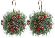 🎄 2pcs doorway mistletoe ball decorations - 5 inches frosted christmas hanging mistletoe ornament with pine needle, pine cone, and berries for home front door, outdoor xmas kissing ball логотип