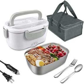 img 4 attached to MIXIGOO Electric Lunch Box Food Heater: 2-in-1 Portable Warmer with Leak-proof Design, 2 Compartments, Removable Stainless Steel Container, SS Fork & Spoon, Carry Bag - Perfect for Car & Home Use