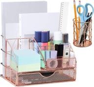 rose gold metal mesh desk organizer and accessories for women - all-in-one storage solution with large sliding drawer, pen holder for home office, school, and makeup decor логотип