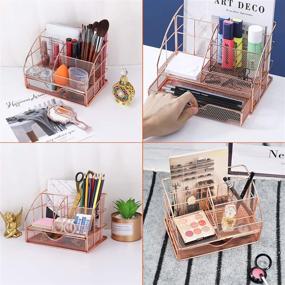 img 2 attached to Rose Gold Metal Mesh Desk Organizer and Accessories for Women - All-In-One Storage Solution with Large Sliding Drawer, Pen Holder for Home Office, School, and Makeup Decor