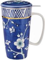 🍵 taimei teatime: 17-oz ceramic tea cup with infuser, lid and handle - japanese style plum blossom mug in blue logo