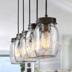 img 2 attached to 🏡 LNC Pendant Lighting: Rustic Farmhouse Chandelier for Kitchen Island & Dining Rooms – Glass Mason Jar Hanging Lamp A02983 in Brown