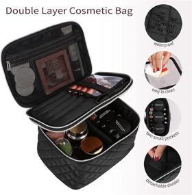 img 3 attached to 💼 Black Portable Double Layer Travel Makeup Bag with Divider Organizer Case – Large Capacity Toiletry Bag for Women and Girls, Ideal for Cosmetics, Makeup Brushes, and Storage