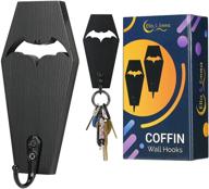 🦇 coffin key holder (2-pack): spooky gothic wall decor - rustic black wooden hanger bat hooks for keys, mugs, purse - mini coffin hangers for bat shelf, coffin shelf логотип