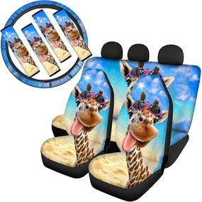 img 4 attached to ZFRXIGN Cute Giraffe Car Seat Covers Set with Steering Wheel Cover, Safety Belt Cover - SUV Front Seat Protector + Rear Backrest Cover + Rear Bottom Bench Cover - Ideal for Kids, Babies, and Dogs
