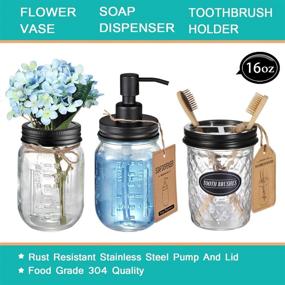 img 2 attached to Farmhouse Bathroom Decor Set 8 Pcs - Mason Jar Lotion Soap Dispenser, Toothbrush Holder, 2 Apothecary Jars, Flower Vase, Soap Dish, Vanity Tray, Toilet Paper Holder Storage Bin (Black)