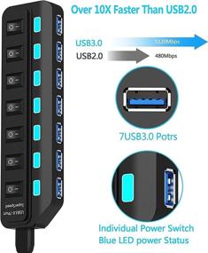 img 1 attached to 🔌 Zouhi USB Hub 3.0 Powered: 7 Port Data Hub Splitter with Power Adapter, On/Off Switches, and Long Cable for Mac Pro, MacBook Pro and More