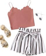 shop romwe's adorable scallop trim cami top & paperbag waist shorts set for girls this summer logo