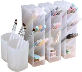 img 4 attached to Translucent White 5-Piece Desk Organizer Set - Pen Storage Holder for 📚 Office, School, and Home Supplies - Includes 3 Pen Cups with 14 Compartments (White)