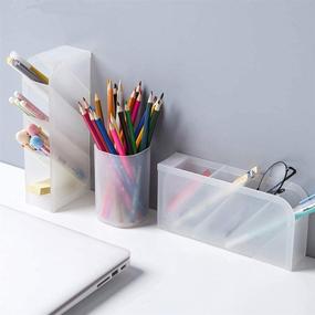 img 2 attached to Translucent White 5-Piece Desk Organizer Set - Pen Storage Holder for 📚 Office, School, and Home Supplies - Includes 3 Pen Cups with 14 Compartments (White)