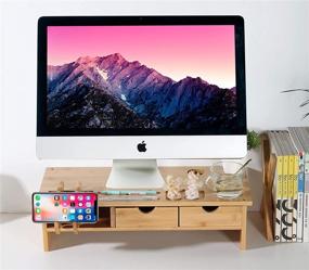 img 3 attached to 🎋 Bamboo Monitor Stand Riser with Drawers & Phone Holder: Organize Office Supplies, Books, and Electronics