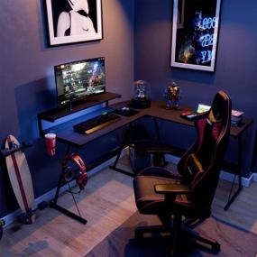 img 3 attached to Лучший игровой стол Bestier 51" в форме L-буквы - эргономичный черный компьютерный стол из углеродного волокна с RGB-полосой, полкой, крюком для наушников и держателем для чашек - легкий в сборке