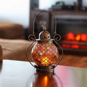 img 3 attached to Decorative Candle Lanterns by Lily's Home: Mosaic Glass & Wrought Iron Tea Light Candle 🏮 Holder – Perfect for Indoor or Outdoor Hanging Lanterns. Candle NOT Included. Vibrant Orange & Gold Design