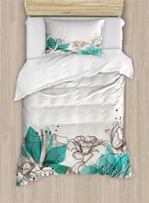 img 2 attached to Ambesonne Turquoise Duvet Cover Set for Twin Beds - Retro Floral Background with 🌺 Hibiscus Silhouettes, Dramatic Romantic Nature Art - Includes 1 Pillow Sham - Beige Teal Color