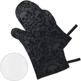 img 3 attached to Стильные и практичные: Комплект кухонных рукавиц и подставок Msacrh Victorian Gothic Black Skull Damask из 4 штук с нескользящими кожаными перчатками для барбекю.