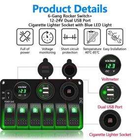 img 1 attached to 🚤 FXC Waterproof Marine Rocker Switch Panel 6 Gang with Dual USB, Cigarette Lighter, LED Voltmeter - Ideal for Car, Rv, Truck (Green LED)