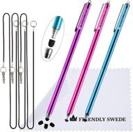 🖊️ bundle of 3 extra-long thin-tip high precision universal capacitive stylus pens - 7.3&#39;&#39; - includes 3 replaceable tips, 2 x 15&#39;&#39; elastic tether lanyards, and cleaning cloth - hot pink, purple, aqua blue logo