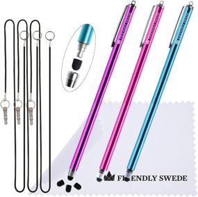 img 4 attached to 🖊️ Bundle of 3 Extra-Long Thin-Tip High Precision Universal Capacitive Stylus Pens - 7.3&#39;&#39; - Includes 3 Replaceable Tips, 2 x 15&#39;&#39; Elastic Tether Lanyards, and Cleaning Cloth - Hot Pink, Purple, Aqua Blue