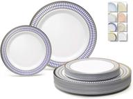🍽️ occasions 50 pack of disposable plastic plates - heavyweight wedding party supplies - includes 25 dinner plates (10.5'') and 25 salad/dessert plates (7.5'') - odyssey white/blue & gold design logo