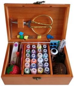 img 4 attached to 🧵 Wooden Sewing Basket Set with Sewing Kit Accessories, Sewing Box