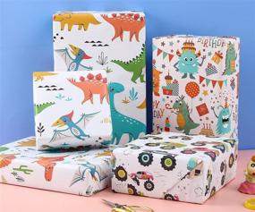 img 3 attached to 🎁 Colorful Birthday Wrapping Paper Rolls for Kids Boys Girls - Dinosaur, Monster Truck, and Happy Party Designs - Pack of 3, 17.7 Inch X 10 Feet Per Roll