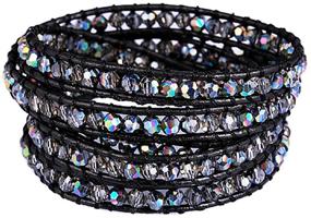 img 4 attached to Authentic Leather Bracelet with Multi-Color Beads - Perfect Gift! (5 Wraps, Faceted AB Rhinestone)