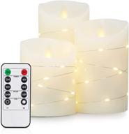 🕯️ flickering flameless candles: real wax moving wick pillars with remote control timer for home, party, christmas decor - 3 pack (4/5/6 inch) with string lights логотип