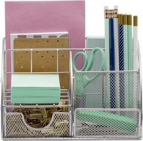 img 2 attached to 🗄️ Sorbus Desk Organizer: Stylish Silver Mesh Desktop Caddy for Office Supplies Organization, Pen/Pencil Holder, Mail Organizer, and Sliding Drawer