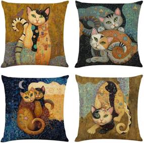 img 2 attached to Abstract Cat Linen Throw Pillow Case Set of 4, 18 x 18 Inch - Perfect Gifts for Cat Lovers and Owners; Funny Cat Theme Room Decor and Children's Room Decoration; Cushion Covers for Sofa, Couch, Bed