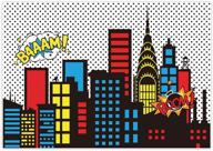 allenjoy 7x5ft superhero super city skyline buildings party backdrop for children's birthday events - photo studio banner background for baby showers, photocall decorations, and supplies logo